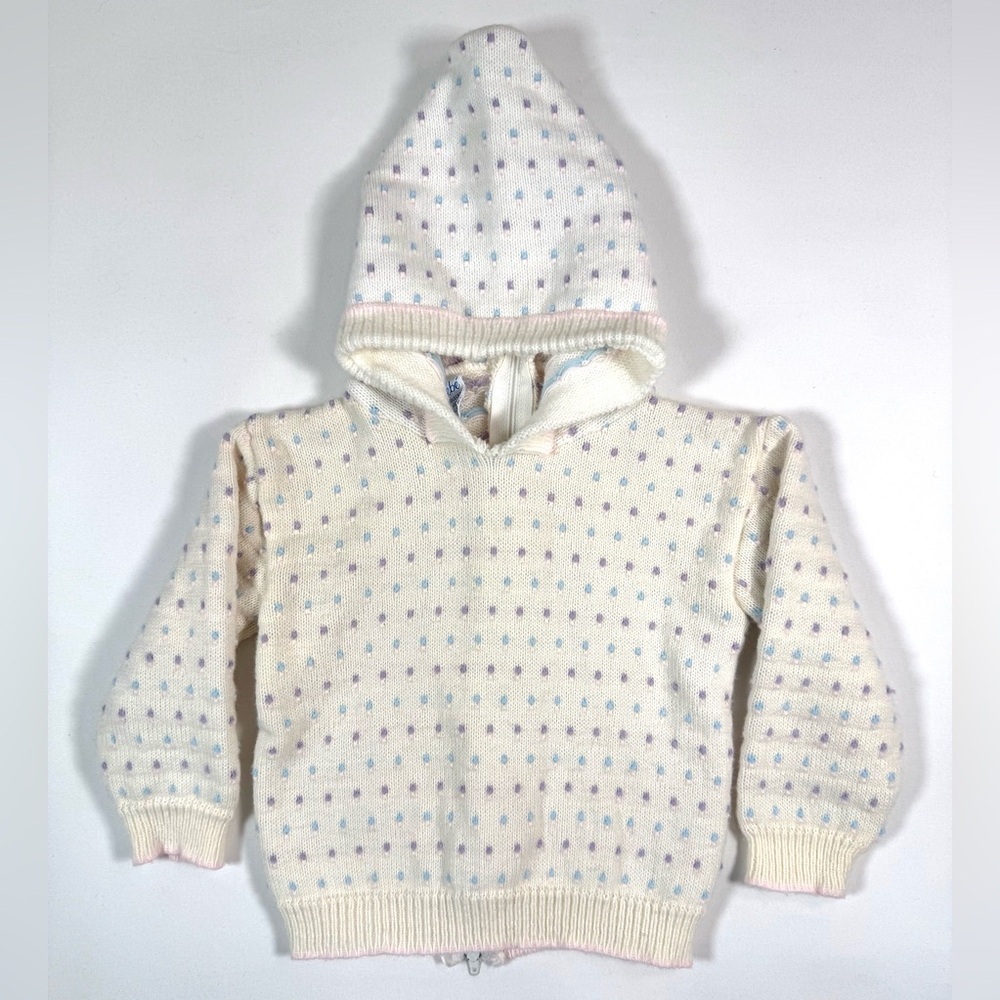 VINTAGE BEBE CRADLECRAFT Girls Hooded Knit Sweater 18M Pastel Dot‎ Italy 80s 90s